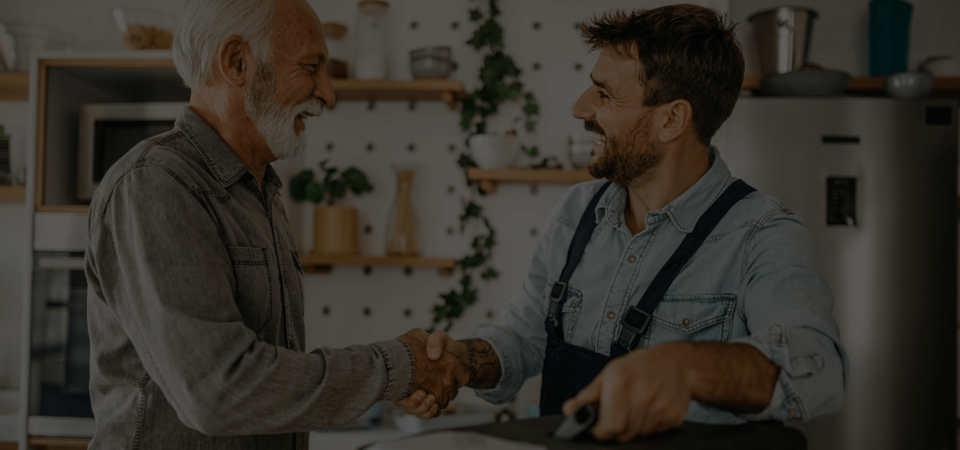 Trusted plumbers shaking hands with customer near modern building
