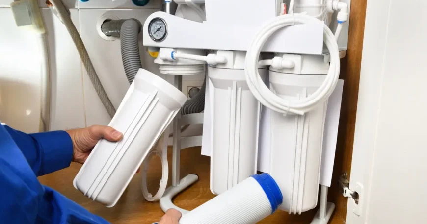 Plumber installing reverse osmosis water filtration system under sink